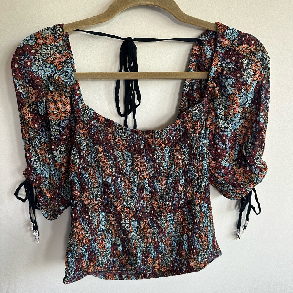 NWT Free People Back On Top Floral Puff Sleeve Crop Top Dark Combo Size S NWT